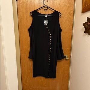 SzM black Venus long sleeve cold shoulder front button detail lined dress NWOT